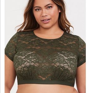 Olive Green Lace Short Sleeve Under Crop top